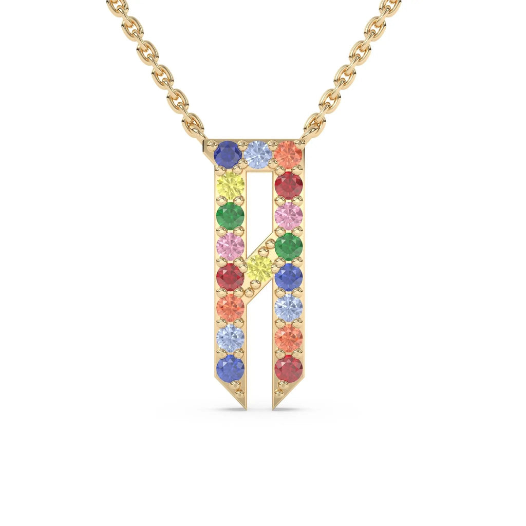 initial necklace handmade with rainbow sapphires in 14k solid gold