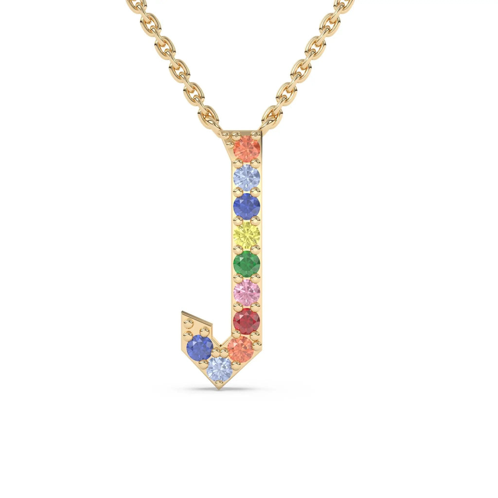 initial necklace handmade with rainbow sapphires in 14k solid gold