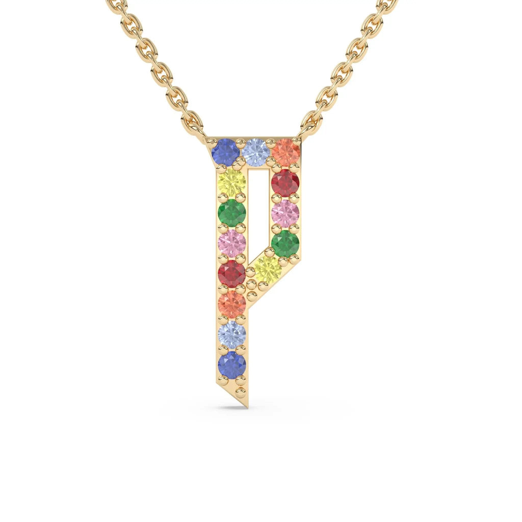 initial necklace handmade with rainbow sapphires in 14k solid gold