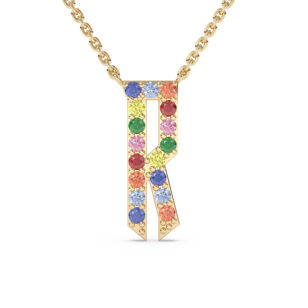 initial necklace handmade with rainbow sapphires in 14k solid gold