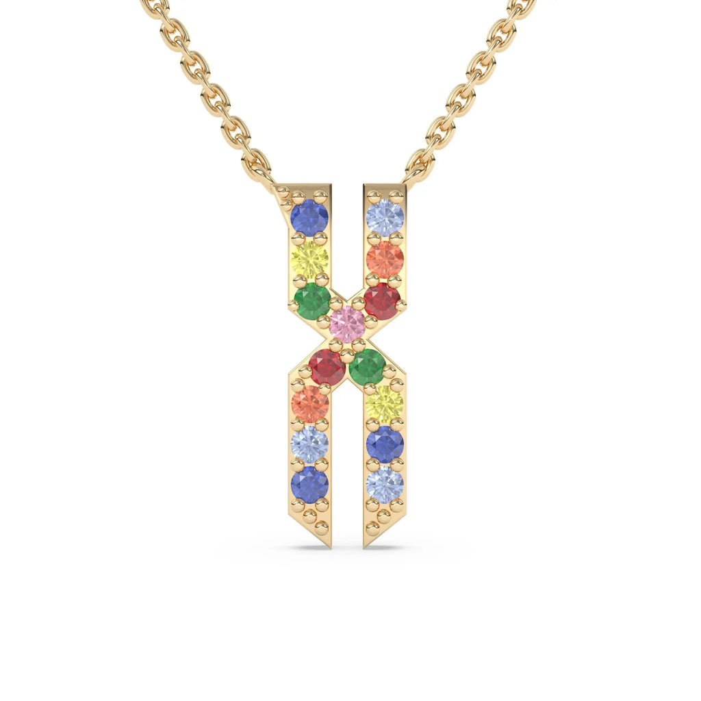 initial necklace handmade with rainbow sapphires in 14k solid gold