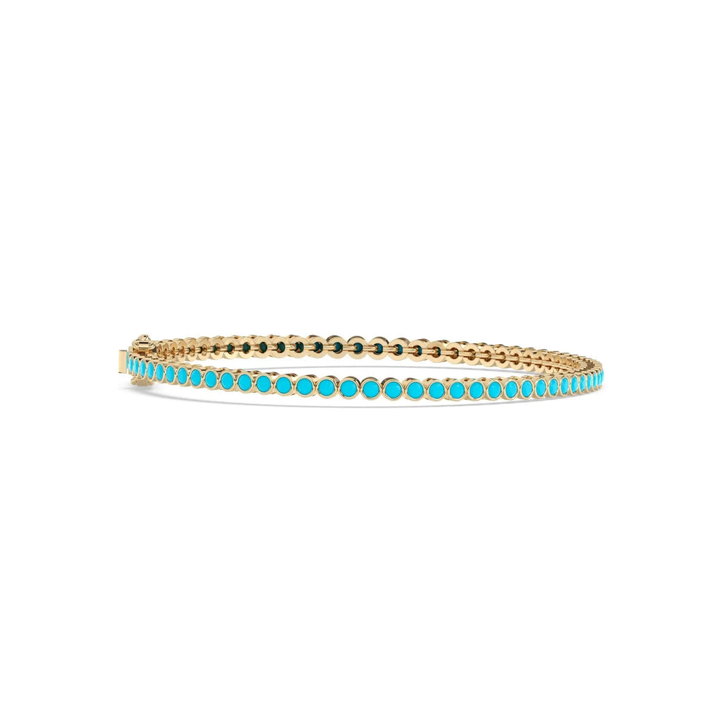 turquoise bezel set bracelet handmade in 14k solid gold